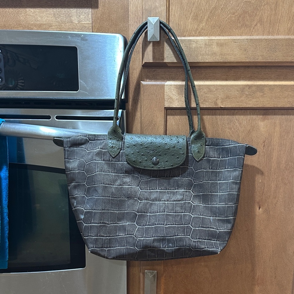 Longchamp le pliage green / gray croc alligator print modele depose bag